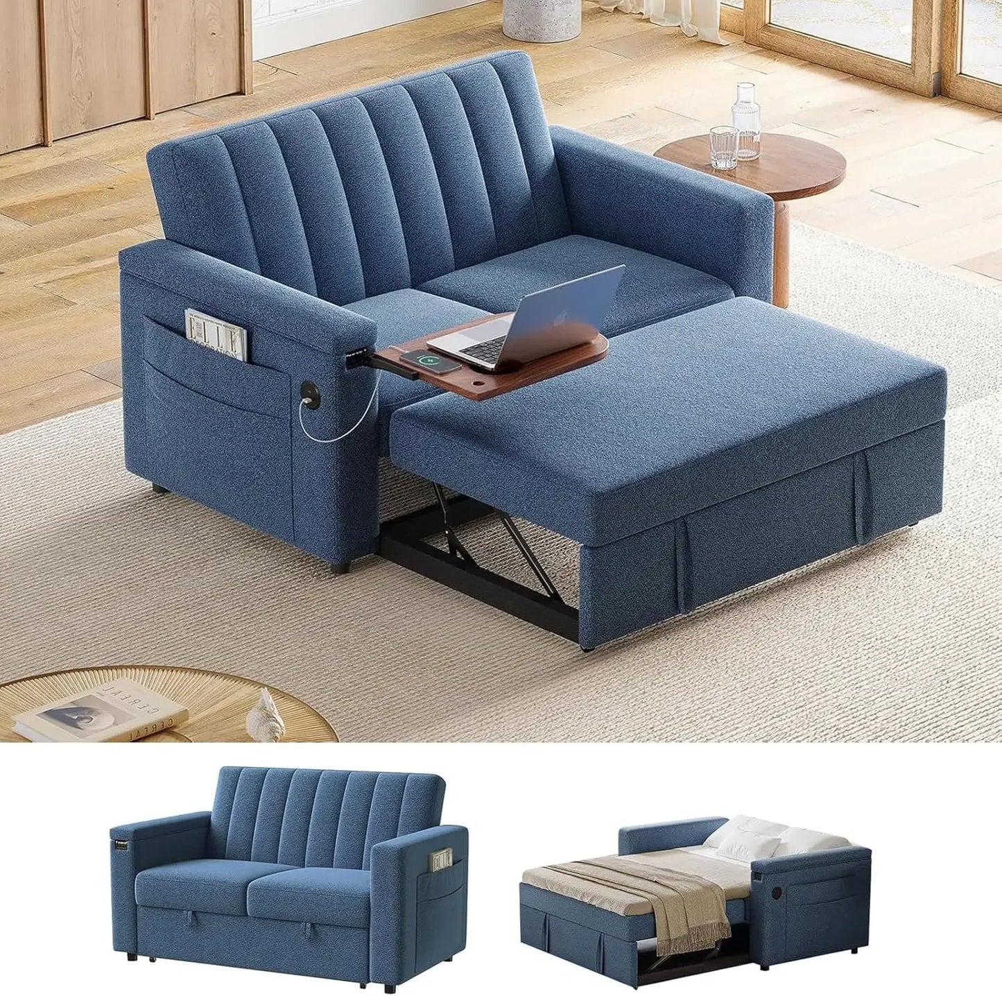 Sleeper Sofa,3-in-1 Convertible Sofa Bed,68' Couches for Living Room with USB & Side Pockets,Adjustable Backrest