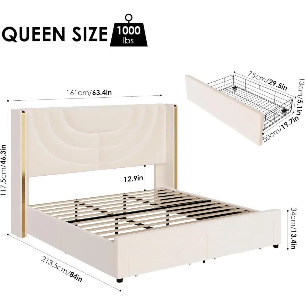 Upholstered LED Bed Frame w/2 Storage Drawers