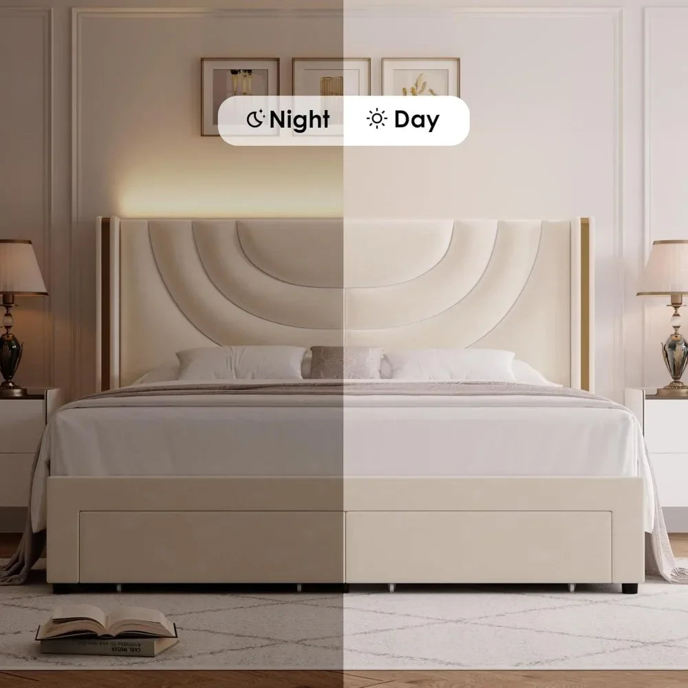 Upholstered LED Bed Frame w/2 Storage Drawers