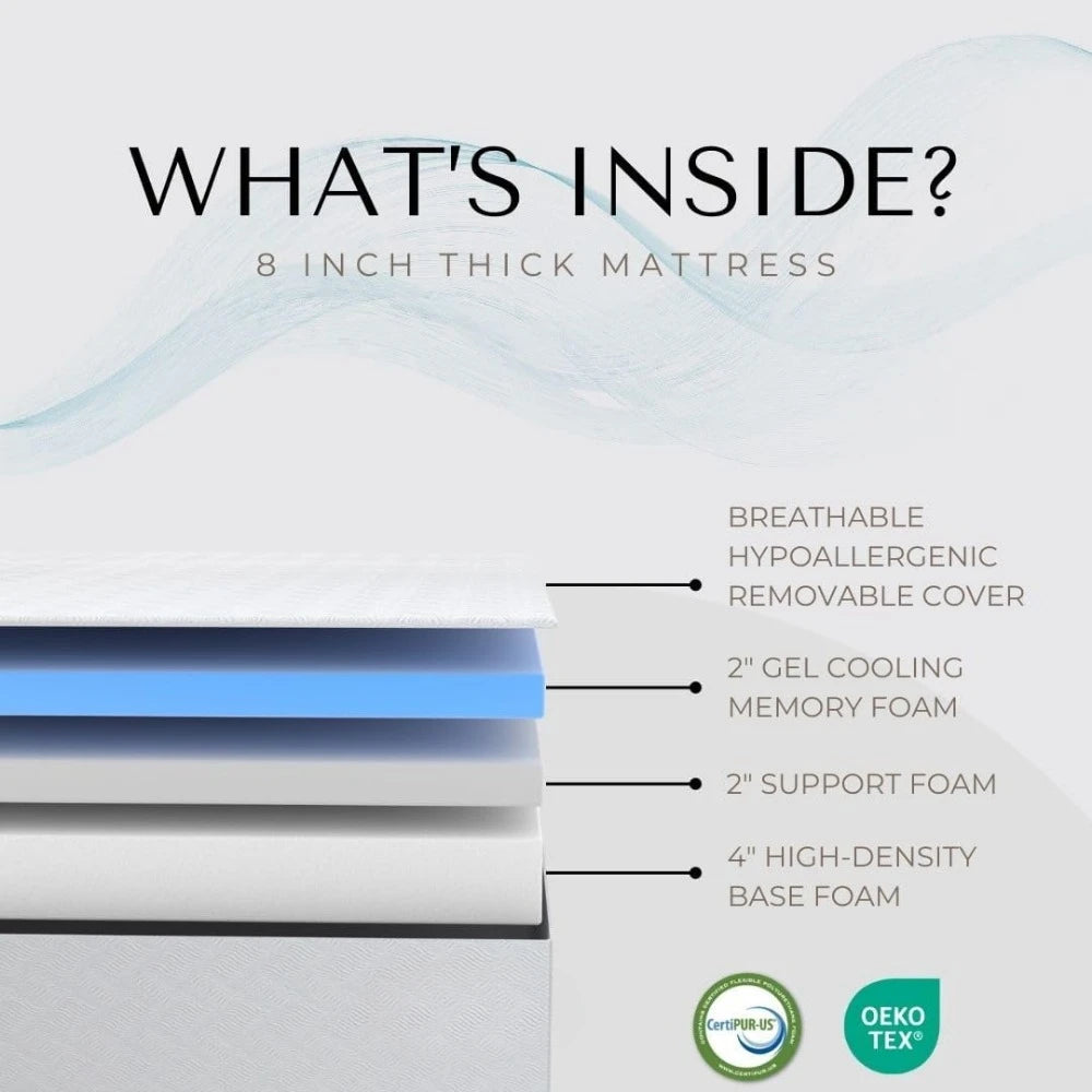 8” Gel Memory Foam Mattress, Bed in a Box/Medium Firm/Breathable Cooling-Gel Comfort Technology/Pressure Relief/Comfy Support