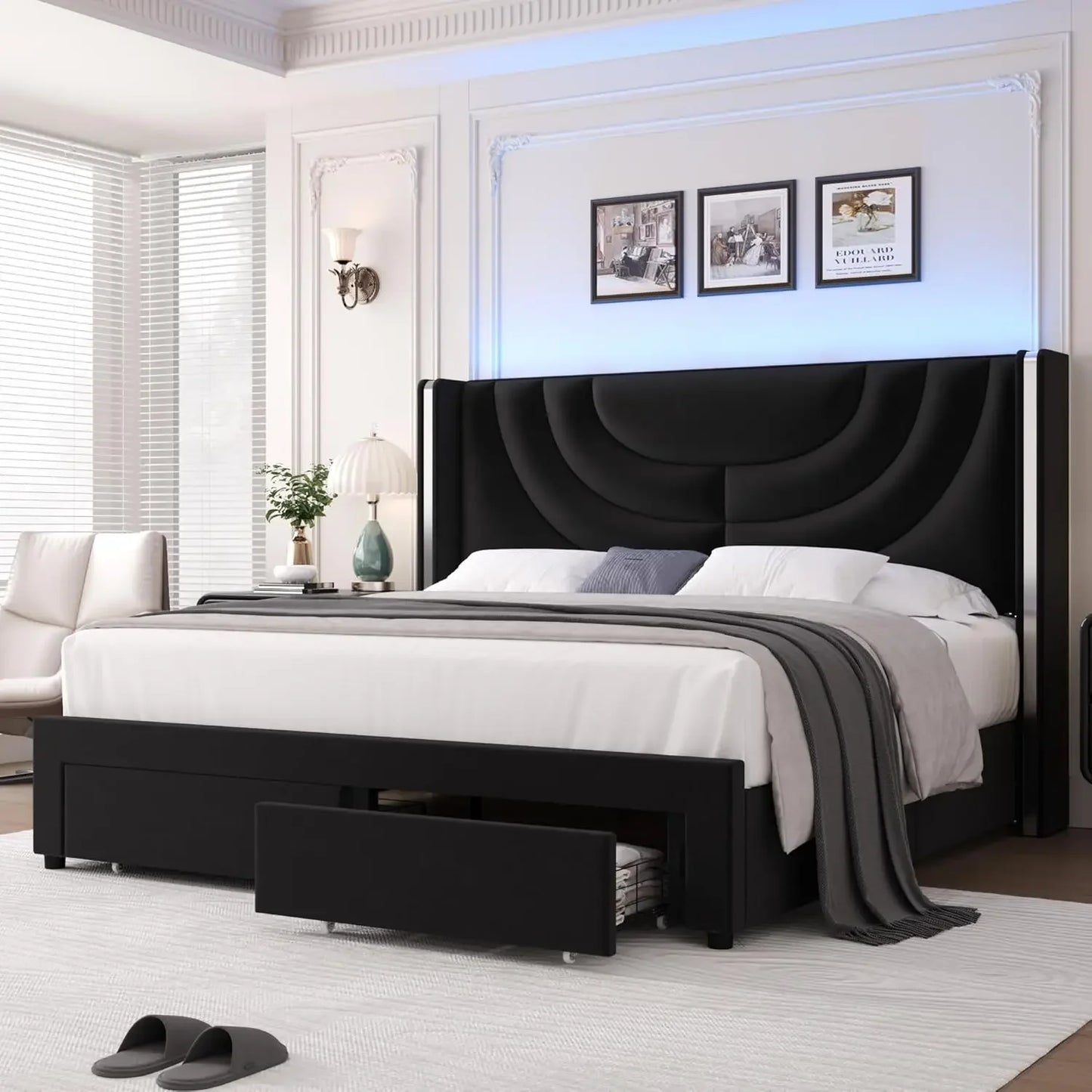 Upholstered LED Bed Frame w/2 Storage Drawers