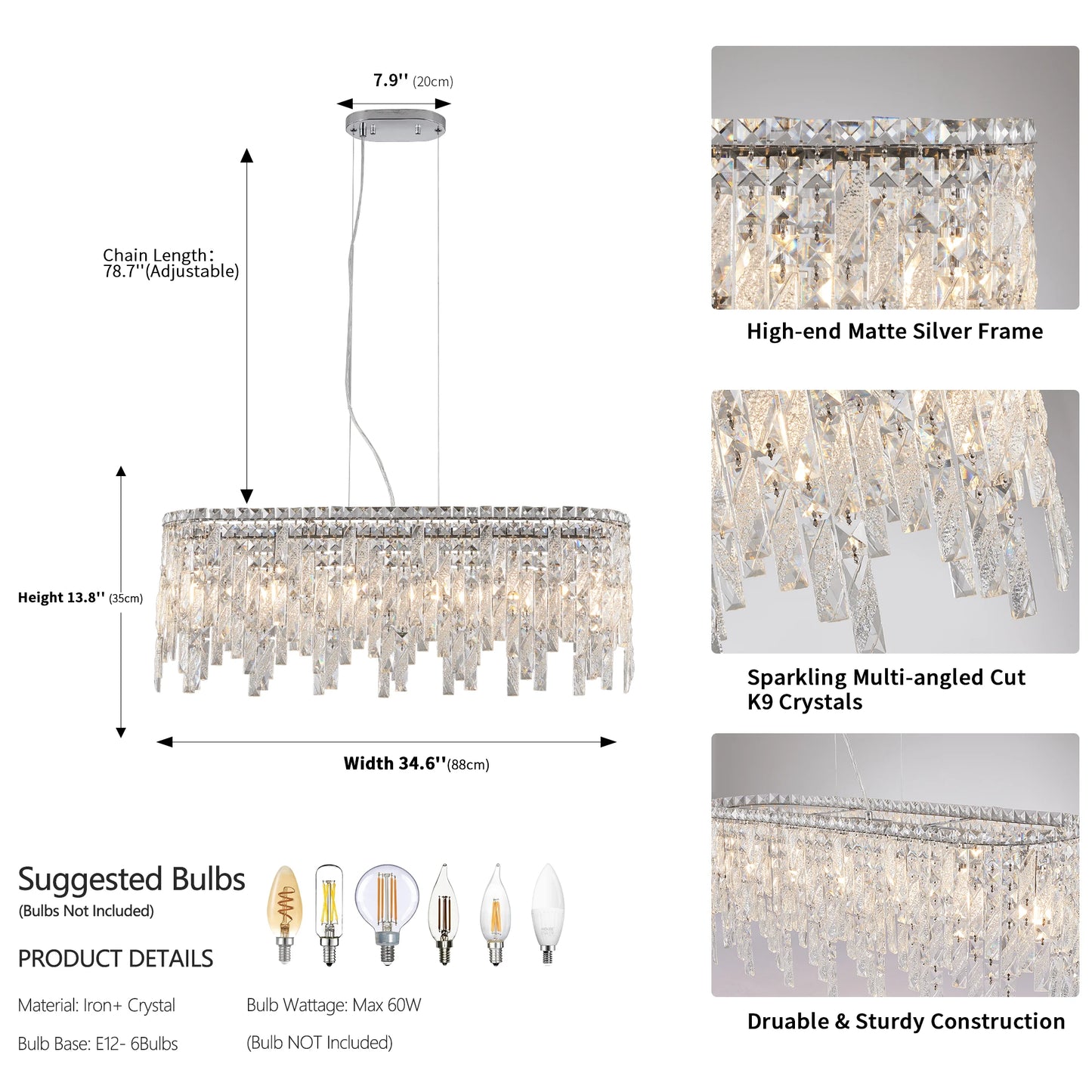 35“ Modern Crystal Chandelier Pendant Light