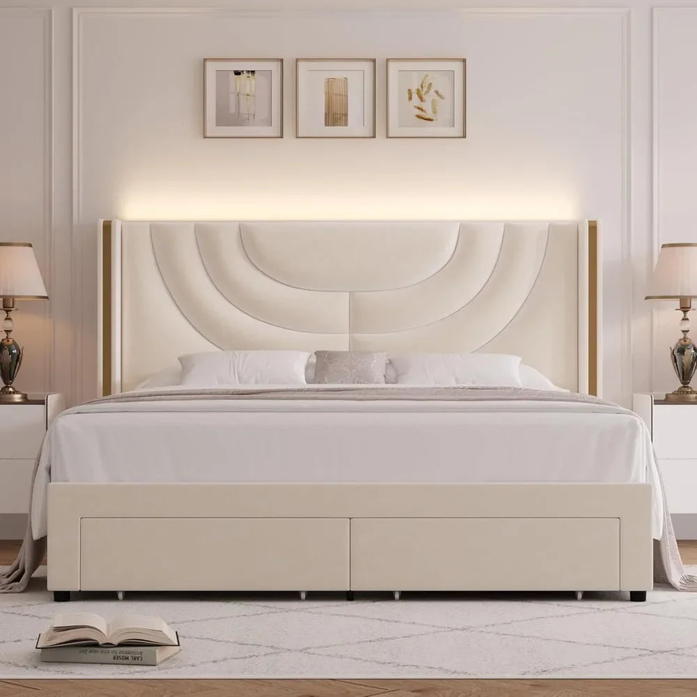 Upholstered LED Bed Frame w/2 Storage Drawers