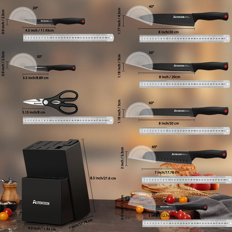 Astercook Knife Set with Sharpener Block