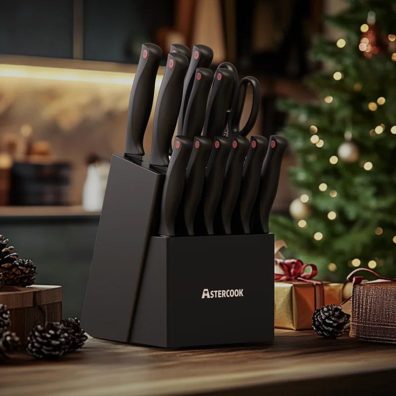 Astercook Knife Set with Sharpener Block