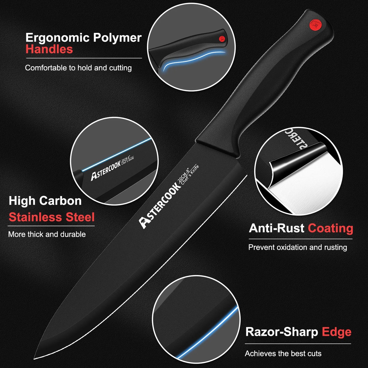 Astercook Knife Set with Sharpener Block