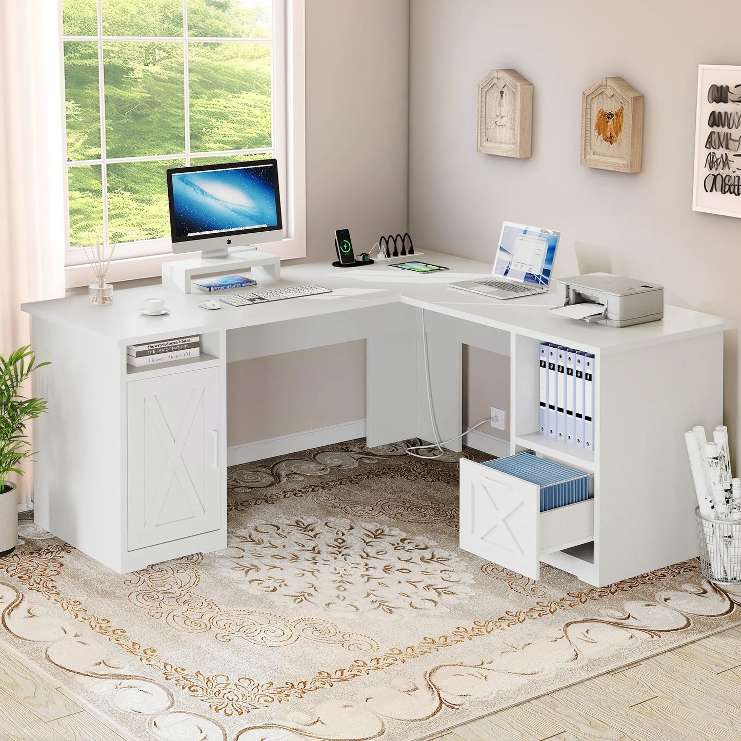 Executive Desk with File Cabinet, Outlets