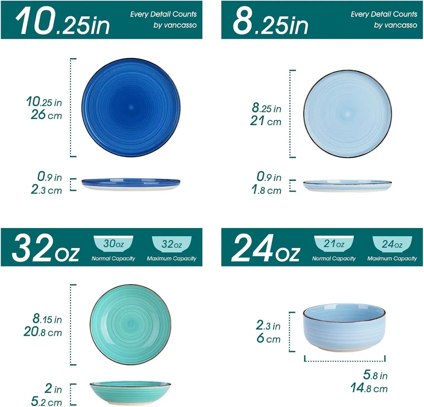 24 Pieces, Blue Stoneware Dishes Set for 6