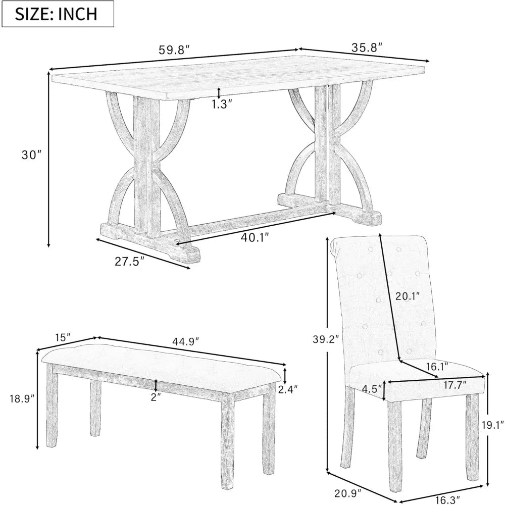 6 Pieces Wood Dining Table Set with Bench