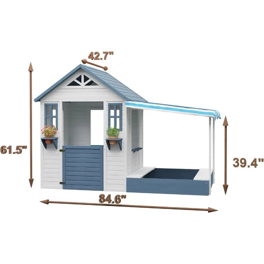 Kids Playhouse with Sandbox, Wooden Outdoor Cottage