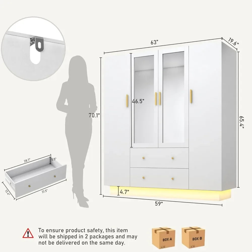 4 Door Wardrobe Closet with Mirror Armoire