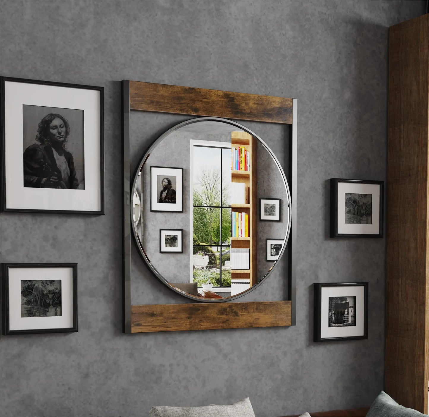 Industrial Metal Wood Frame Wall Mounted Mirror