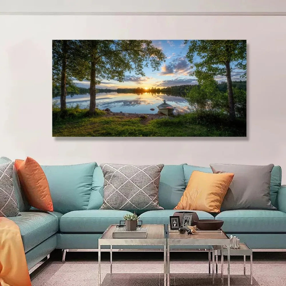 Tree Canvas Wall Art, Sunrise Over Lake