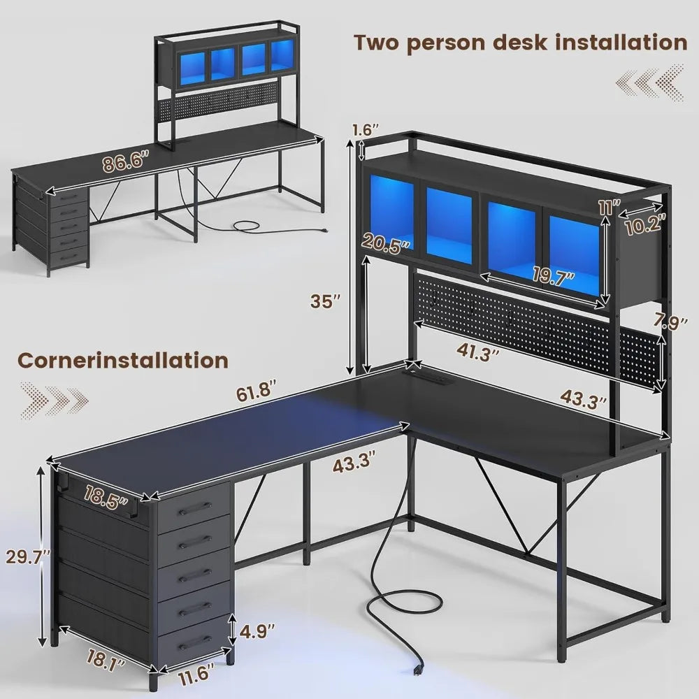 Gaming Desk with Pegboard & Led Lights