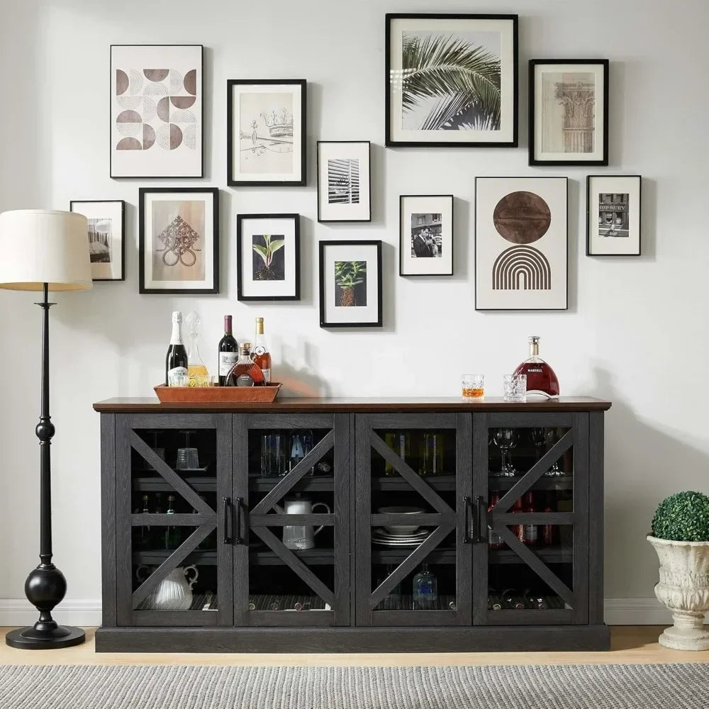 70" Wood Rustic Sideboard Buffet Cabinet w/4 Glass Barn Doors & Adjustable Shelf, Coffee Bar Cabinet for Kitchen, Dining Room