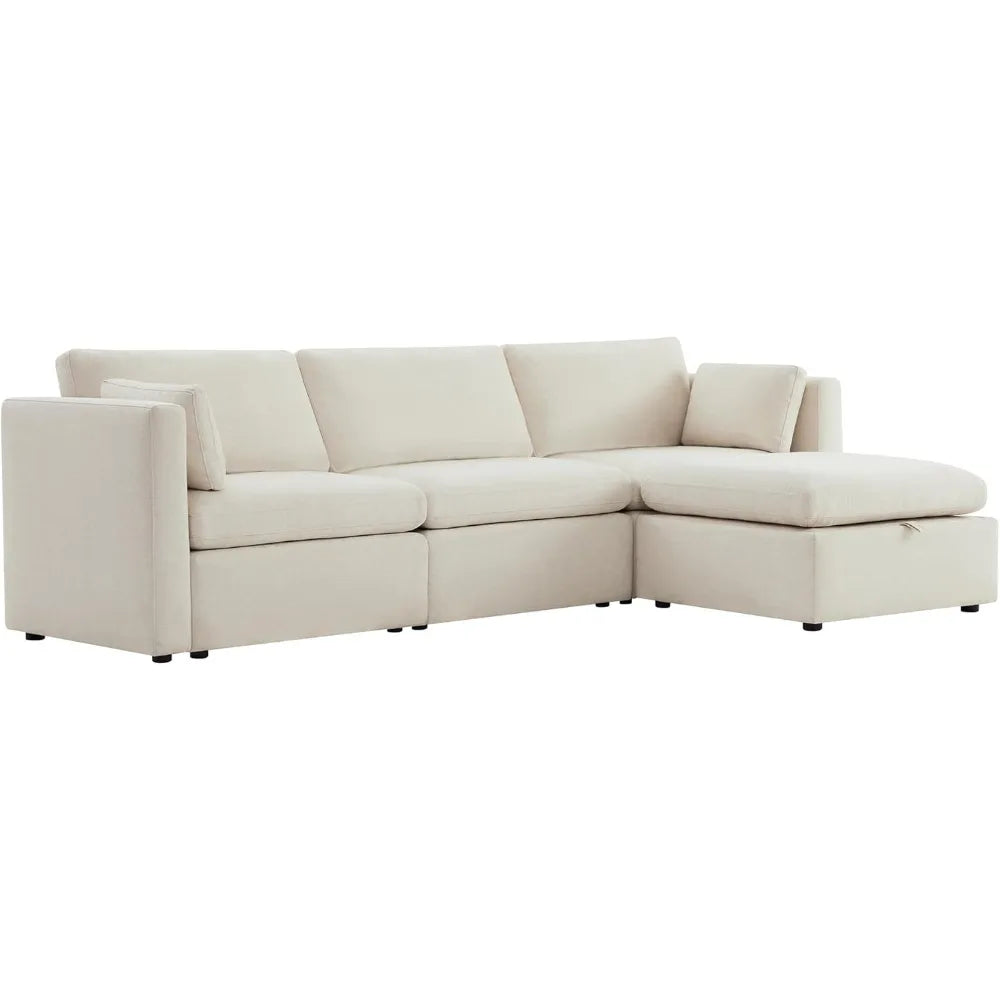 L Shaped Living Room Sofa with Storage Ottoman, Reversible Chaise, 4 Seat Oversized Modular Sectional Fabric Sofa