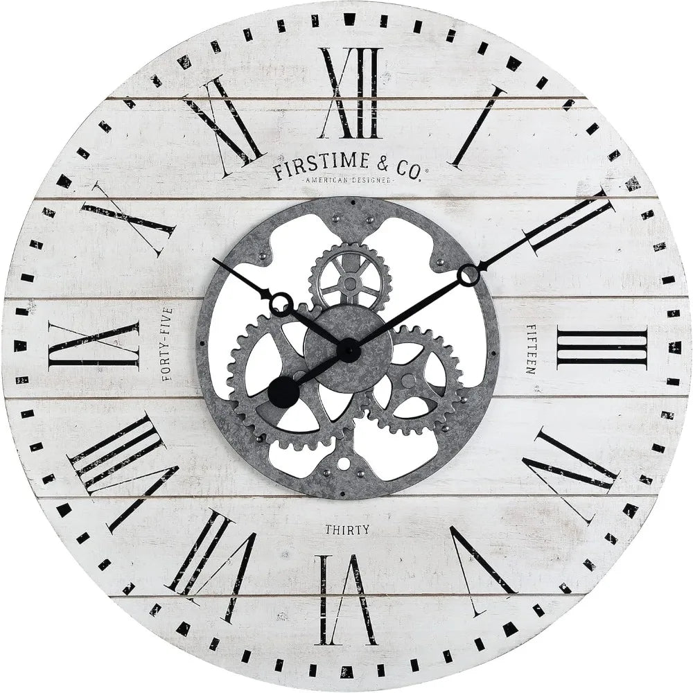 White Shiplap Gears Wall Clock