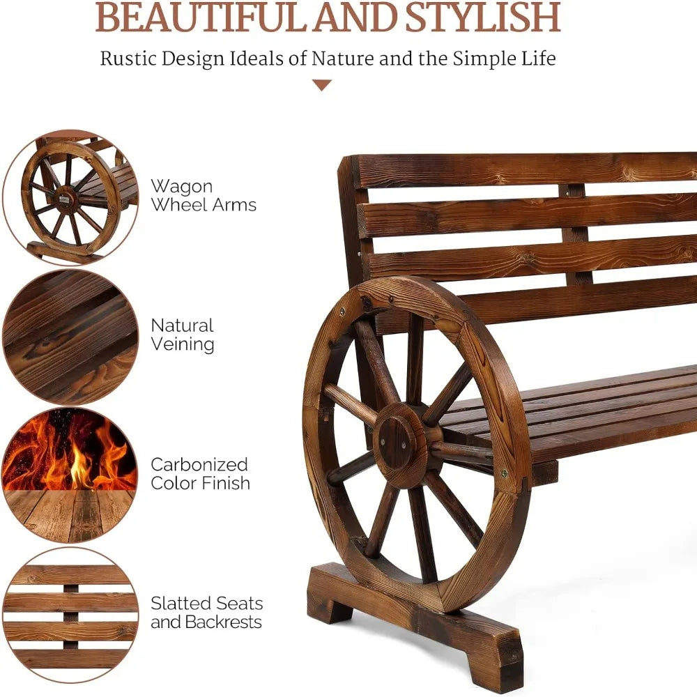 41" Rustic Wooden Wheel Bench Outdoor Bench