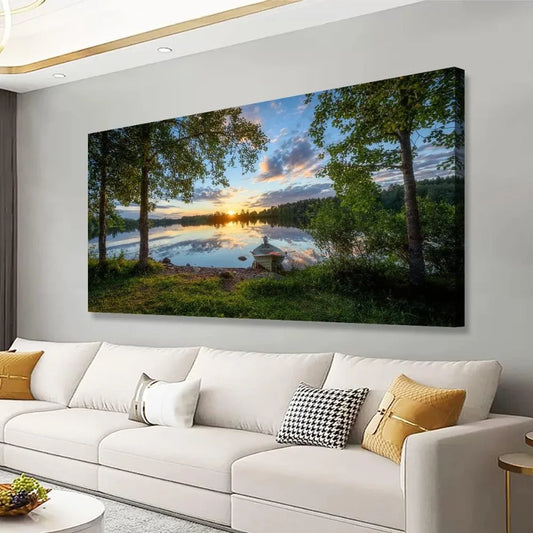 Tree Canvas Wall Art, Sunrise Over Lake