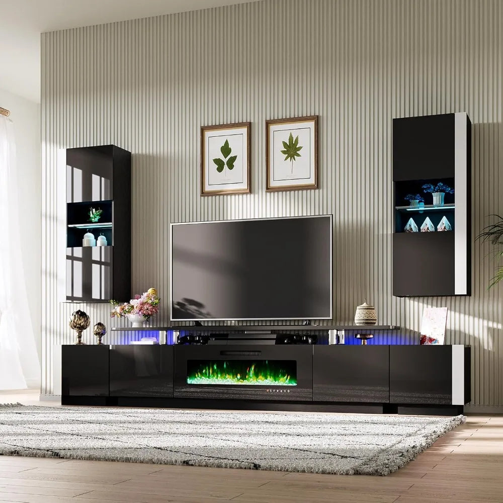 Wall Unit Entertainment Center with Fireplace and Storage, Includes 80" 2-Tier TV Stand, 2 X Wall Cabinets & 2 X End Tables