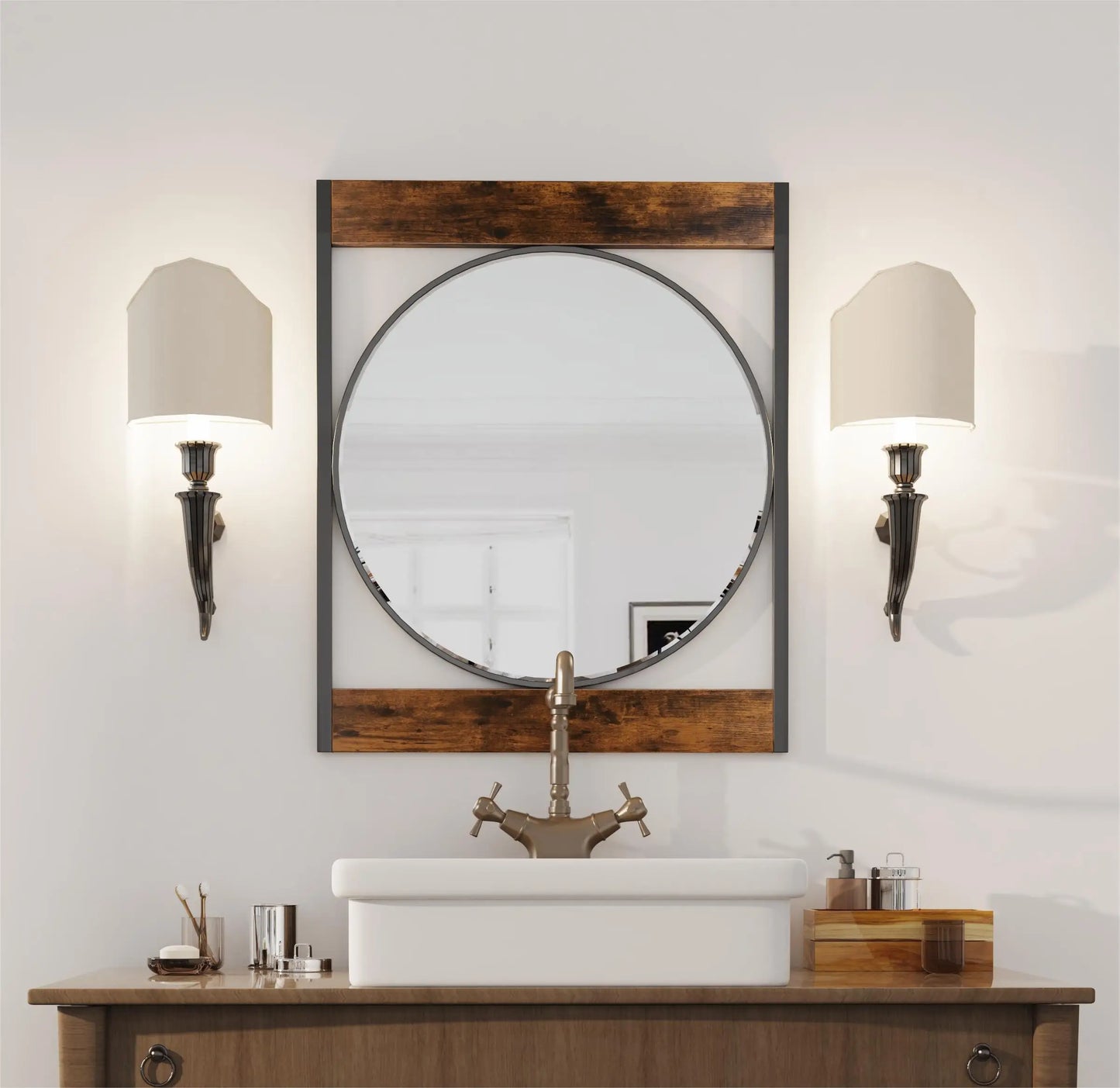 Industrial Metal Wood Frame Wall Mounted Mirror