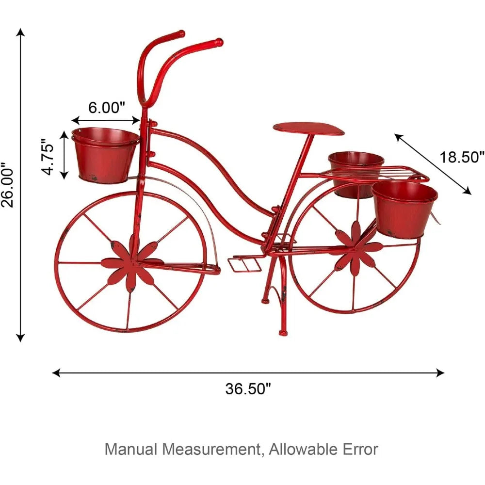 Bicycle Plant Stand Metal Standing Planter Hand Painted Flower Holder Indoor Outdoor Home Garden Patio Decor Red