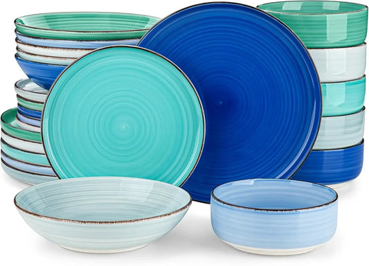 24 Pieces, Blue Stoneware Dishes Set for 6