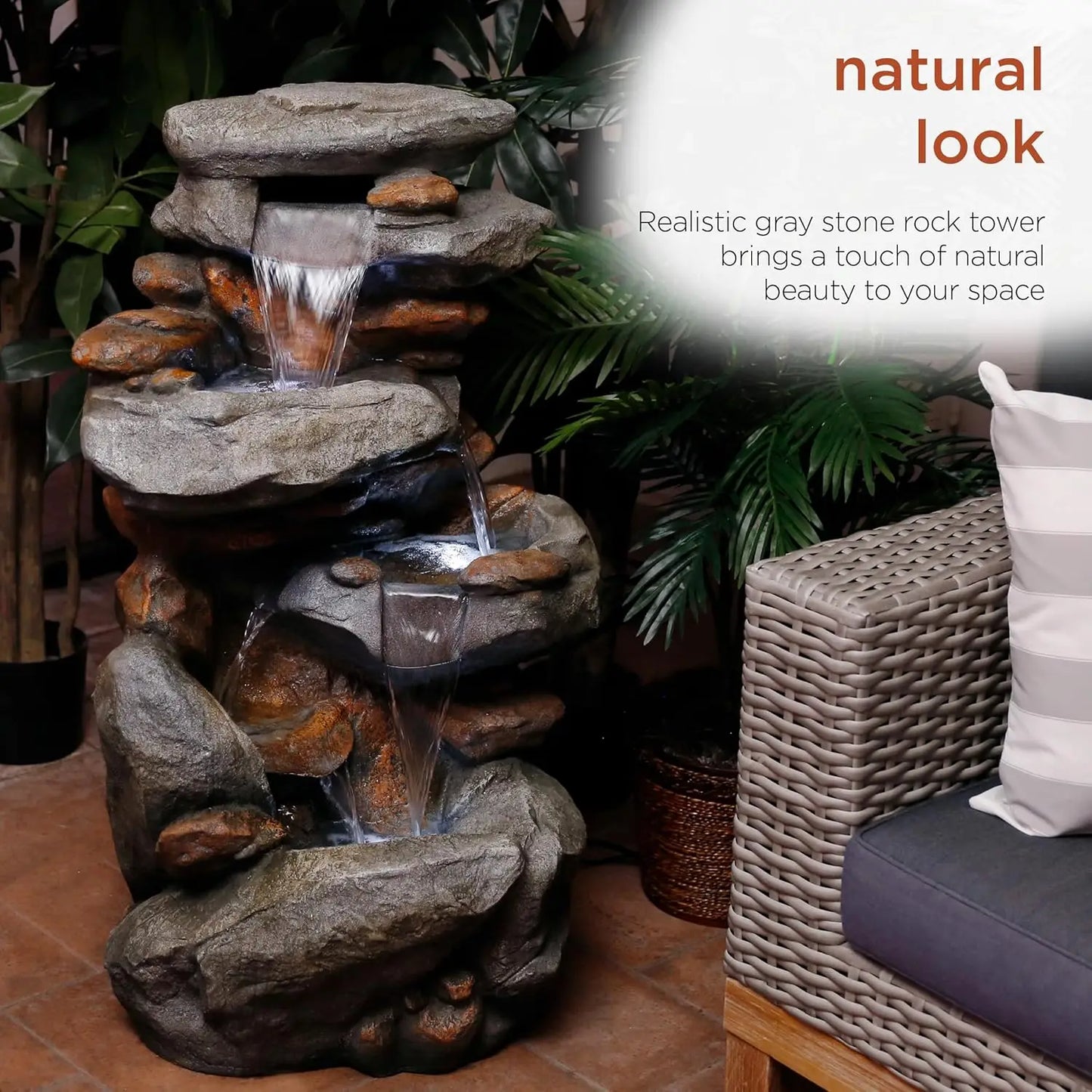 4-Tiered Outdoor Floor Rock Water Fountain for Garden or Patio with Natural Stone Look, Light Gray