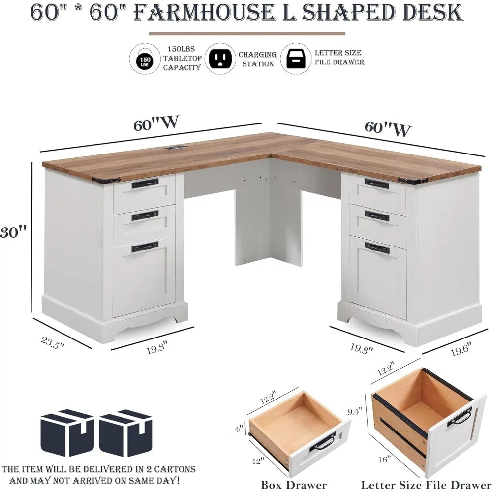 60" Farmhouse L Shaped Executive Desk