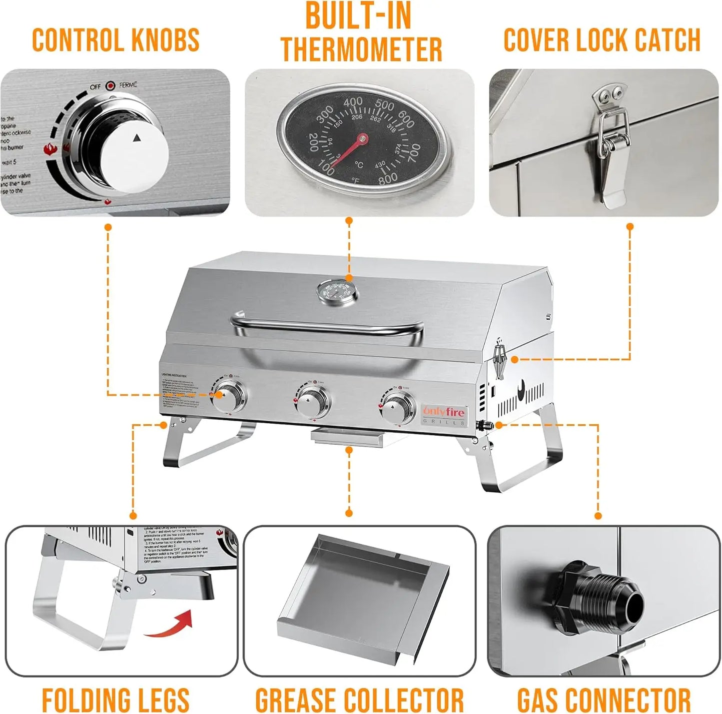 Tabletop Gas Grill 3 Burners w/Foldable Legs