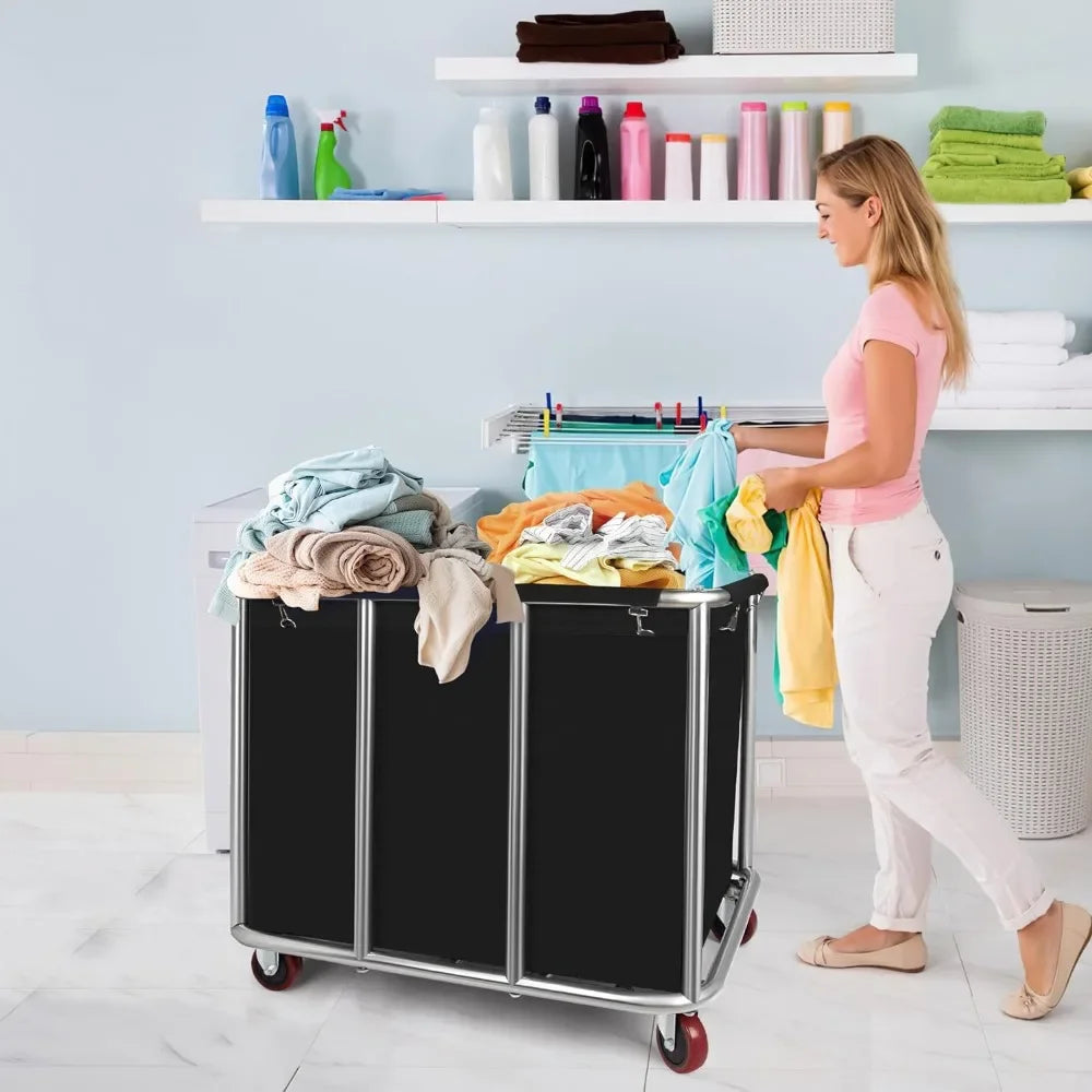 Industrial Laundry Cart 11.35 Bushel Capacity Stainless Steel Basket with Wheels. Commercial Linen Hamper Hotels Hospitals