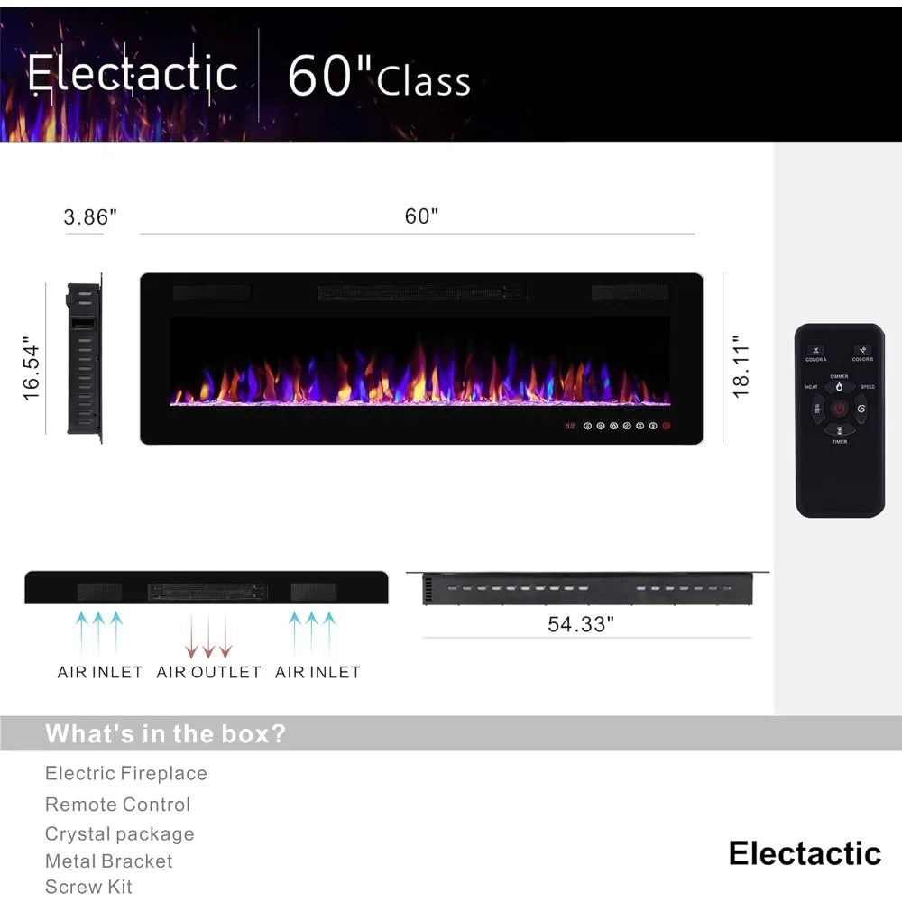 60 Inches Electric Fireplace Recessed and Wall Mounted