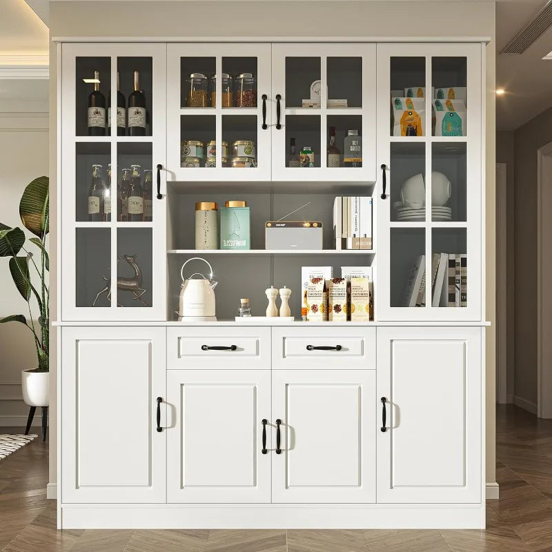 Kitchen Hutch Storage Cabinet with Glass Doors, Large China Hutch with 2 Drawers & 5 Adjustable Shelves, Kitchen Pantry Hutch