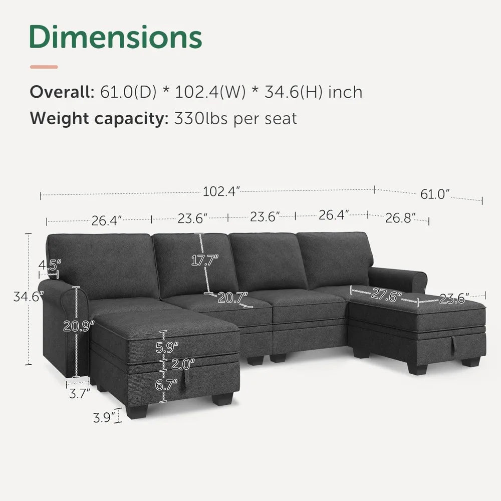 Sectional Sofa with Storage Seat U Shaped Sectional Couch with Reversible Chaise Convertible Sectional Couch for Living