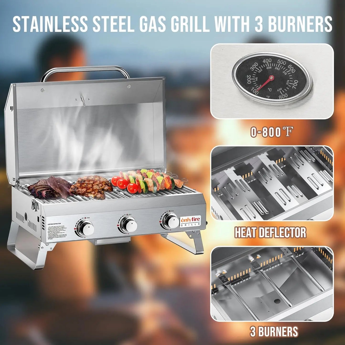 Tabletop Gas Grill 3 Burners w/Foldable Legs