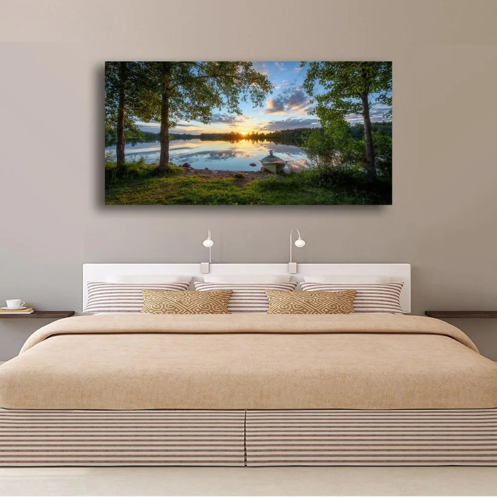 Tree Canvas Wall Art, Sunrise Over Lake