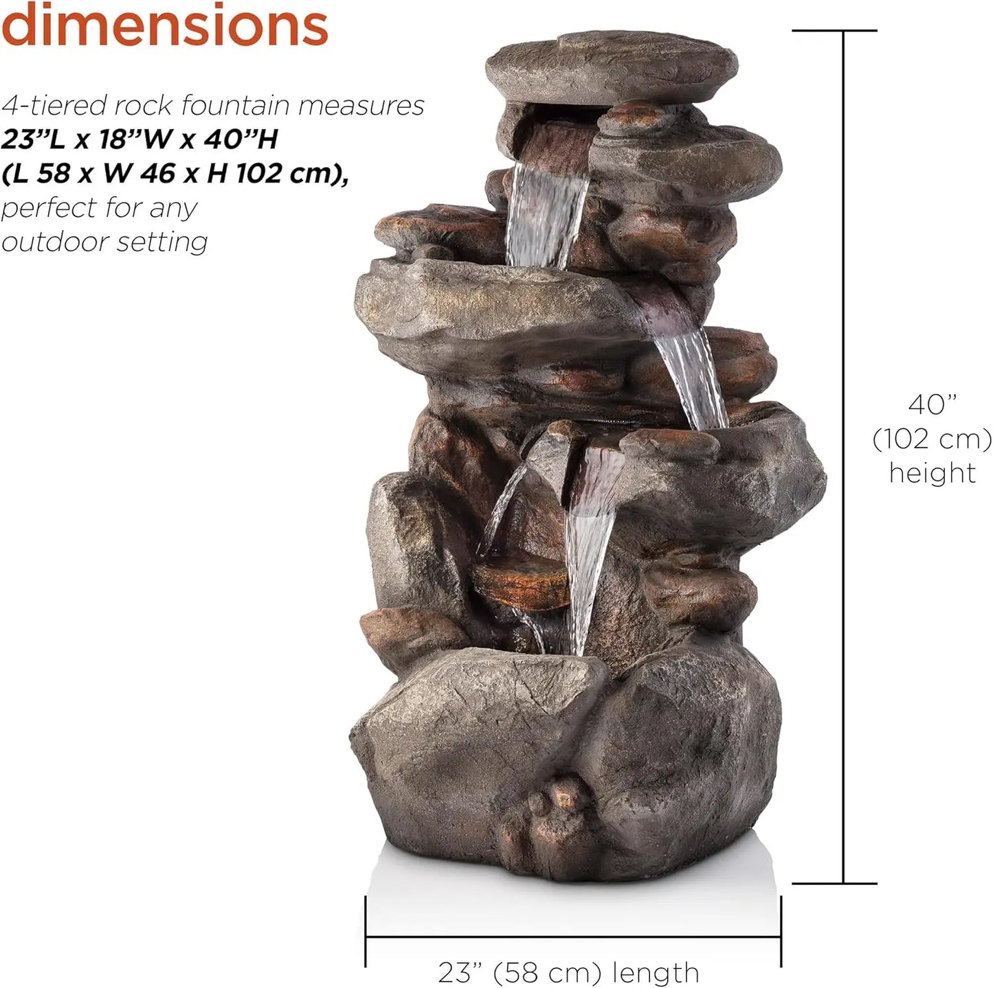 4-Tiered Outdoor Floor Rock Water Fountain for Garden or Patio with Natural Stone Look, Light Gray