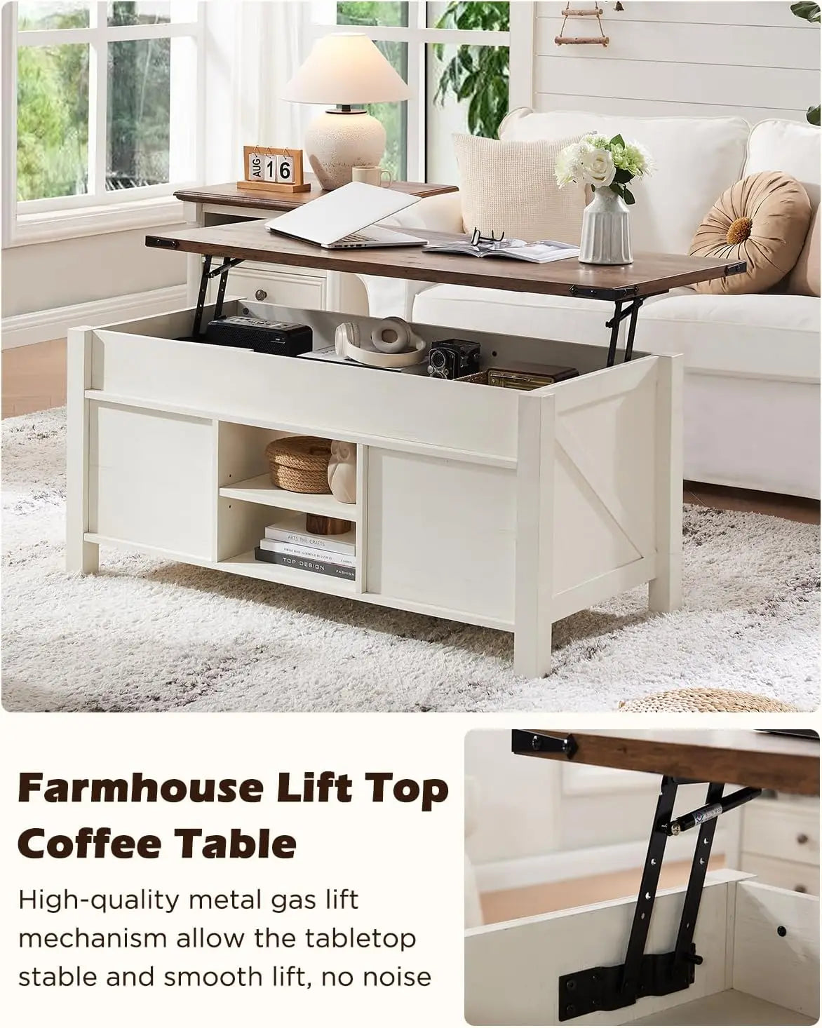 Rustic Center Table With Compartment Lifting Tabletop