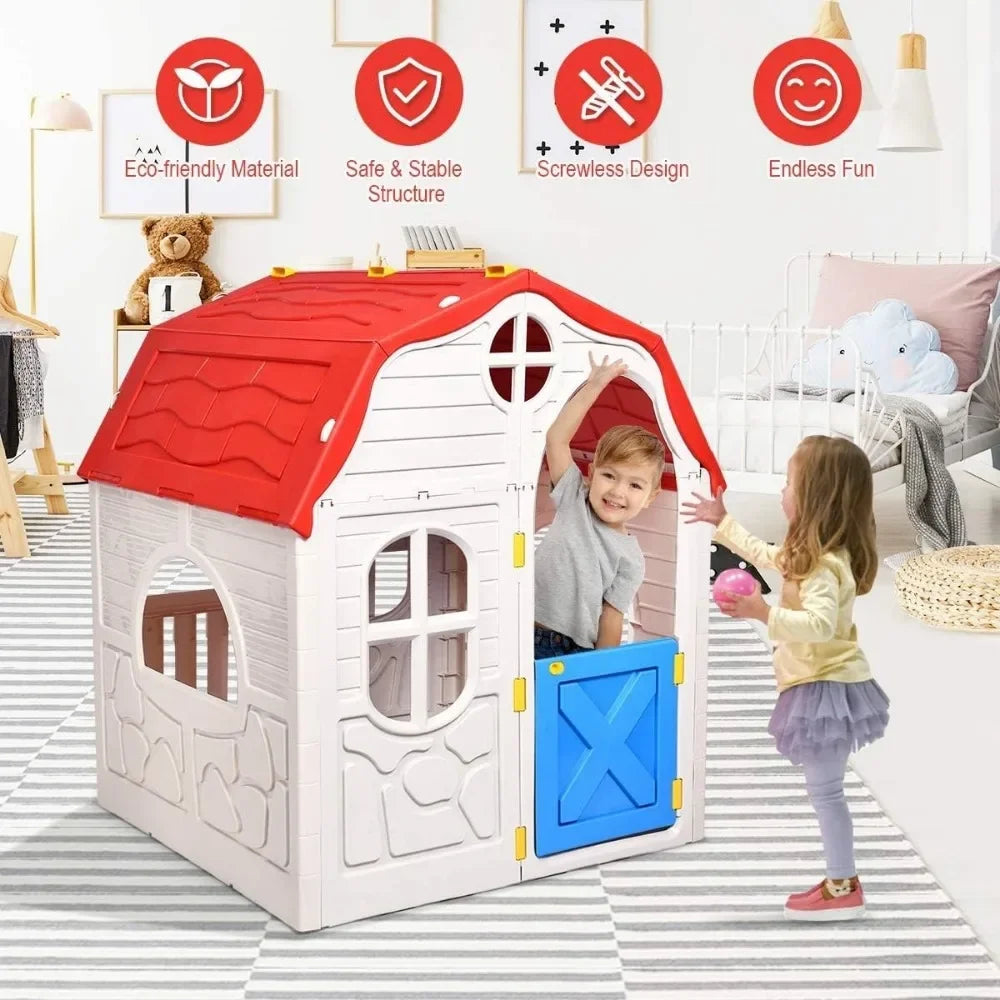 Foldable Playhouse, Portable Game Cottage w/ Windows, Door