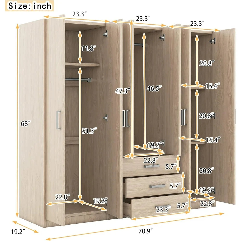 Large Wardrobe Closet 6 Doors, 70.9" W Wooden Wardrobe Cabinet with Big Drawers, Bedroom Armoire Dresser Wardrobe Clothes