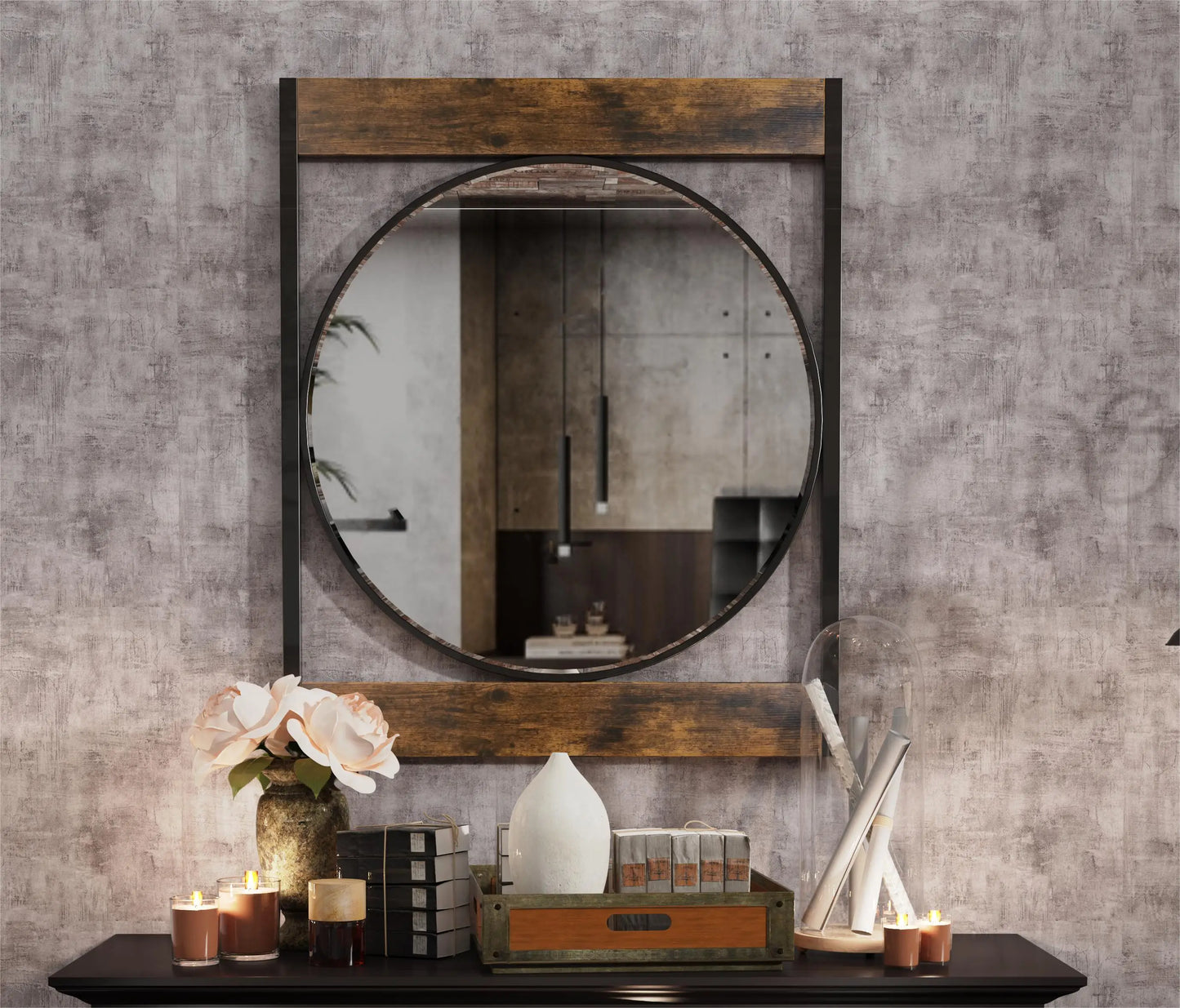 Industrial Metal Wood Frame Wall Mounted Mirror