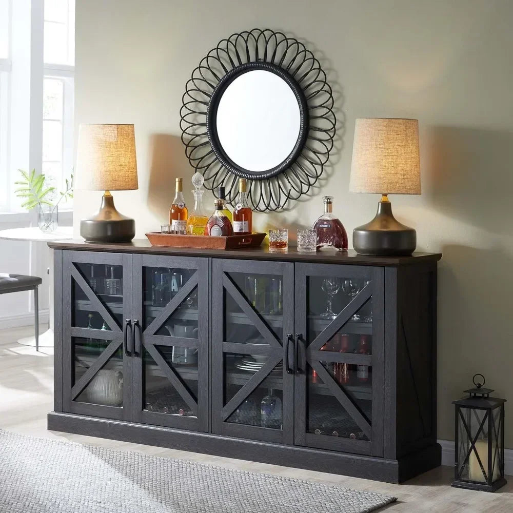 70" Wood Rustic Sideboard Buffet Cabinet w/4 Glass Barn Doors & Adjustable Shelf, Coffee Bar Cabinet for Kitchen, Dining Room