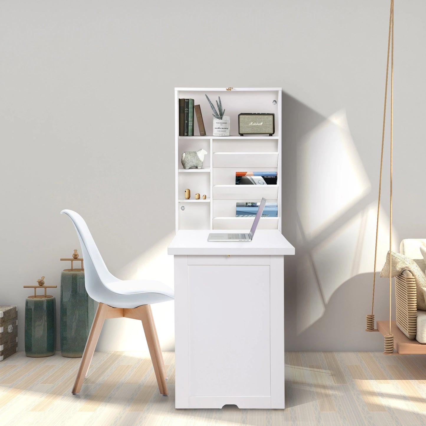 Compact Wood Wall Mounted Folding Desk Cabinet