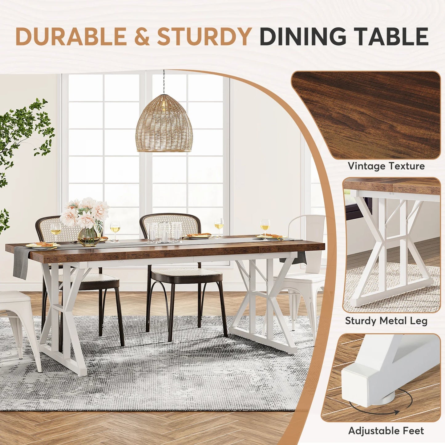 70.8-Inch Rectangular Wood Dining Table, 6 People