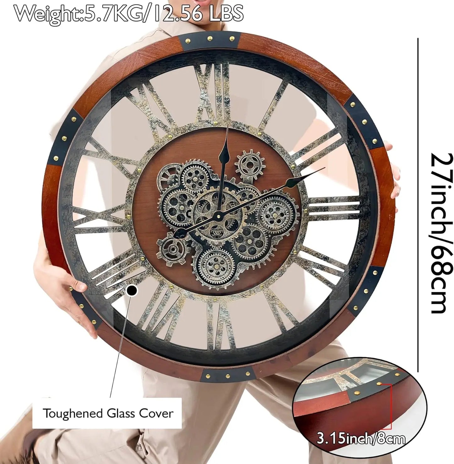 Large Industrial Wall Clock with Moving Gears