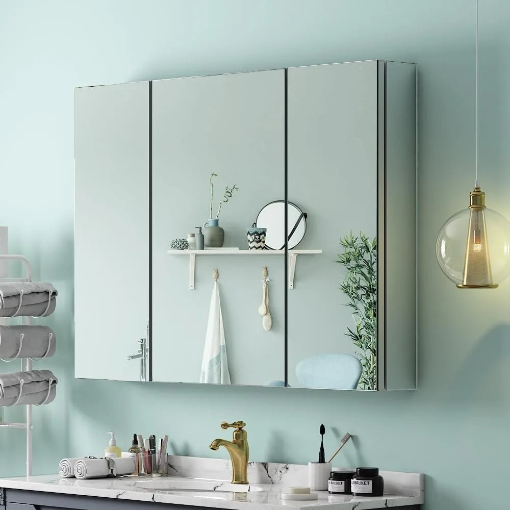 Room Decoration Home Decorative Mirror Floor Bathroom Garden Surface Mount Large Bathroom Mirror Cabinets 36x26 Inch, Silver