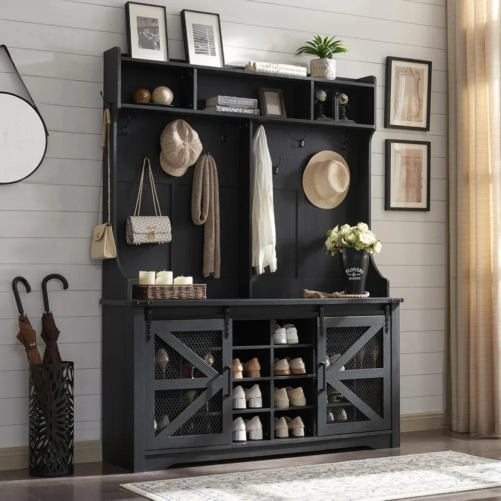 Farmhouse Entryway Hutch With Coat Rack