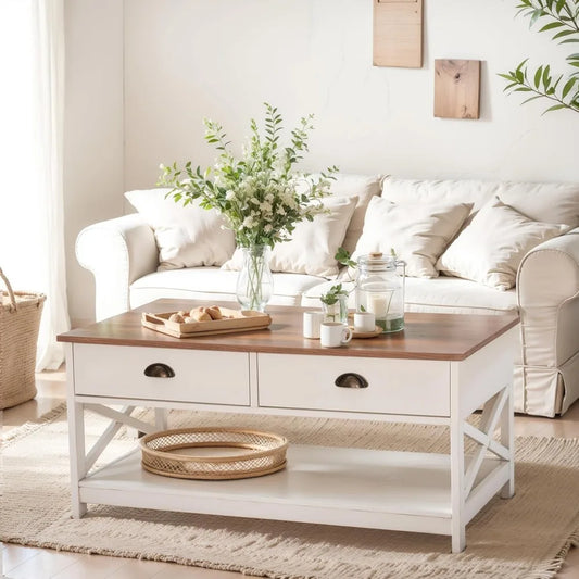 Coffee Table for Living Room - Farmhouse Modern Coffee Tables with Storage, Ivory White Coffee Table