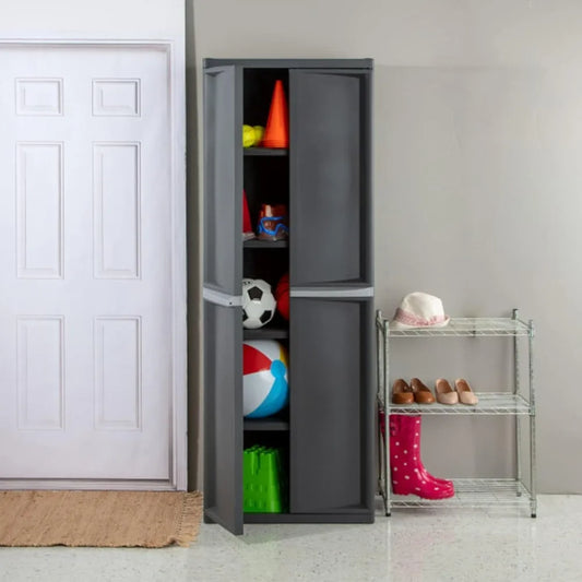 4 Shelf Cabinet, Plastic Organization Storage Unit, Organize Bins in the Garage, Basement, Attic, Mudroom