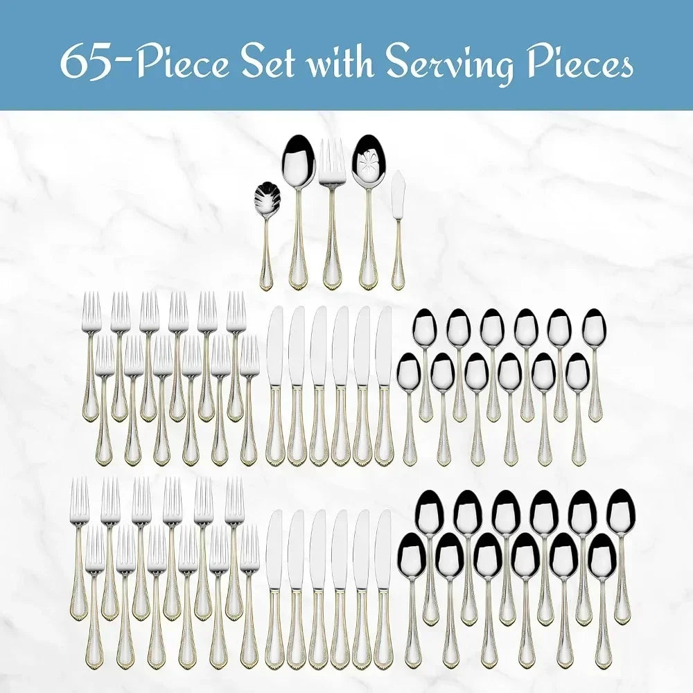 Gold 65-Piece Stainless Steel Flatware Set for 12